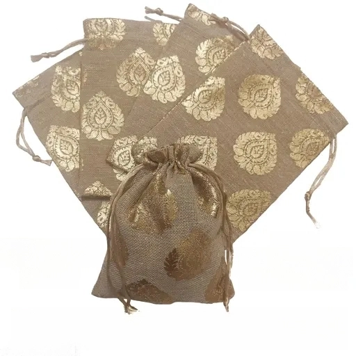 Aai Planet Shagun Linen Jute Potli with Leaf design packagingv 10 pc